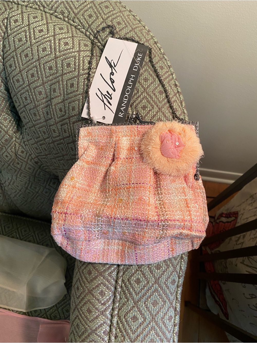 Randolph Duke Pink Tweed Evening Clutch with Flower Accent & 3 silk scarves